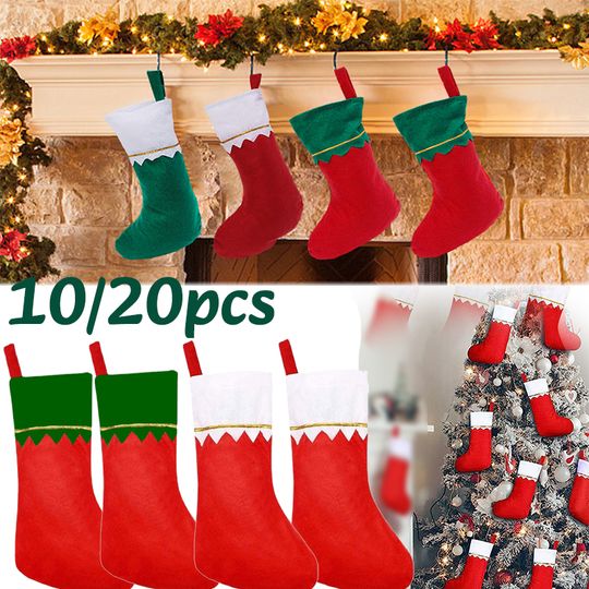 10/20PC Red Felt Christmas Stockings Hanging Bag With Golden Trim  Non-Woven Fabric Xmas StockingsFireplace Party Hanging Decor