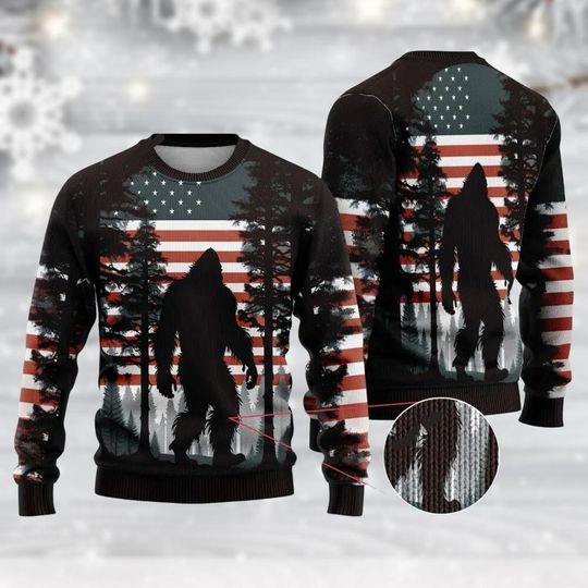 Discover Bigfoot Ugly Christmas Sweater, Sasquatch Sweater, American Flag Holiday Gift