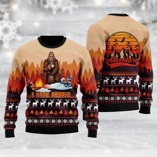Bigfoot Ugly Christmas Sweater Sasquatch, Hate People Adventure Calling Holiday Sweater