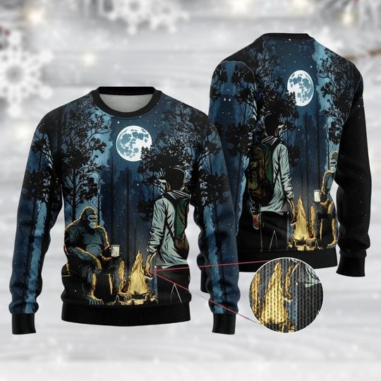 Discover Bigfoot Christmas Sweater, Men Sasquatch Ugly Sweatshirt, Campfire Moon Holiday Novelty Activewear