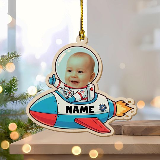 Discover Personalized Astronaut Photo Ornament, Custom Rocket Christmas Gift, Baby First Christmas