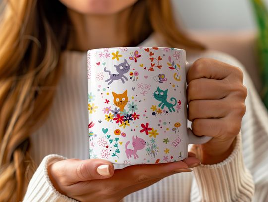 Discover Kitty Field Mug, Cat Lovers Mug, Animal Lovers Cup, Mother of Cats Mug, Playful Cat Mug, Colorful Kitty Mug