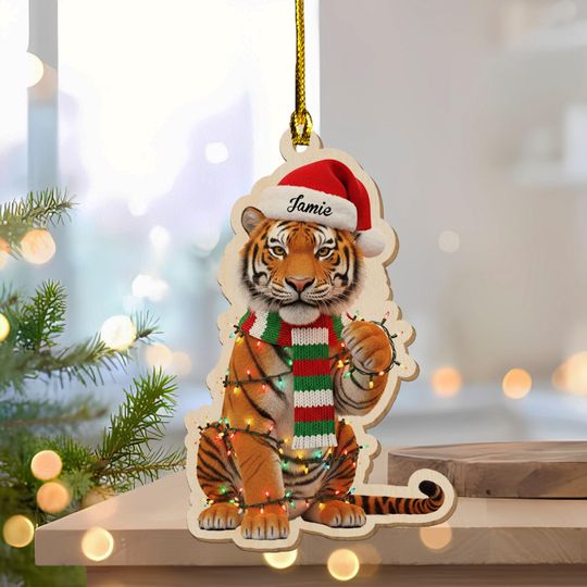 Discover Personalized Christmas Tiger Ornament, Custom Name Jungle Animal Ornament