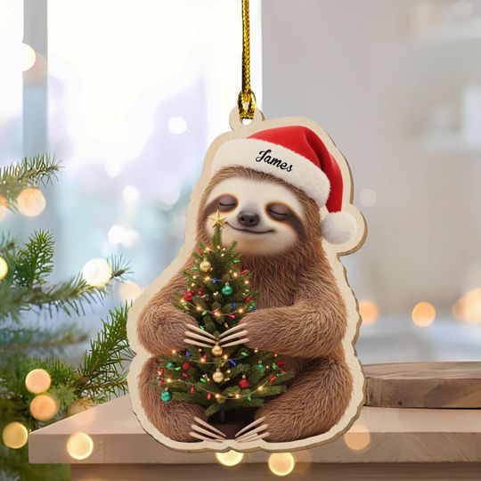 Discover Funny Santa Sloth Hugging Christmas Tree Ornament, Personalized Name Ornament