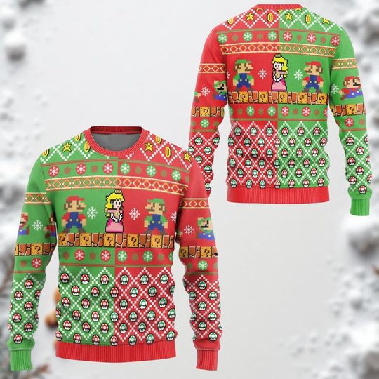 Mario Bros Ugly Christmas Sweater, Princess Peach & Retro Mario Bros Sweater, Gamer Holiday Sweatshirt for Men