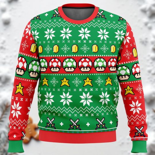 Discover Mario Christmas Sweater, Mushroom and Gaming Ugly Sweater for Adults, Vintage Holiday Xmas Sweater