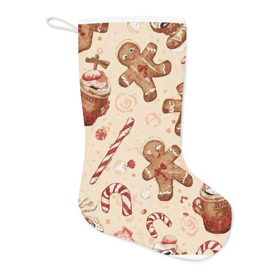 Personalized Gingerbread Christmas Stocking - Cozy Cottagecore Holiday Decor | Whimsical Candy Cane & Hot Cocoa Pattern