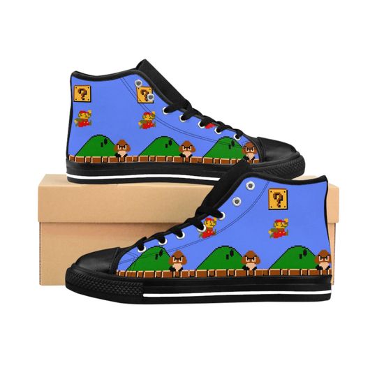 Discover Retro Mario Shoes, Men's Classic Sneakers, High top shoes, Cool custom video game shoes, Mario, Vintage video game scene, Retro high tops