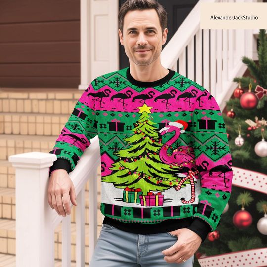 Discover Flamingo Ugly Christmas Sweater, Holiday Flamingo Sweater, Fun Xmas Gift For Men Women, Christmas Party Gift Sweater