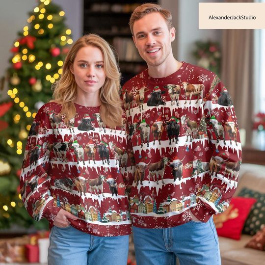 Cow Christmas Ugly Sweater, Farm Animal Holiday Jumper, Funny Xmas Gift for Men and Women