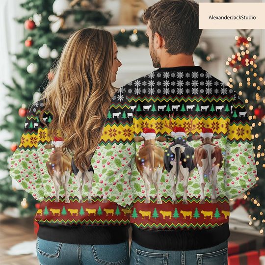 Cow Lovers 3D Ugly Christmas Sweater, Farm Animal Holiday Sweatshirt for Men and Women