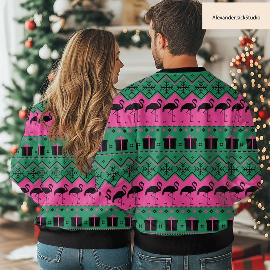 Christmas Flamingo 3D Sweater with Tropical Print and Pink
