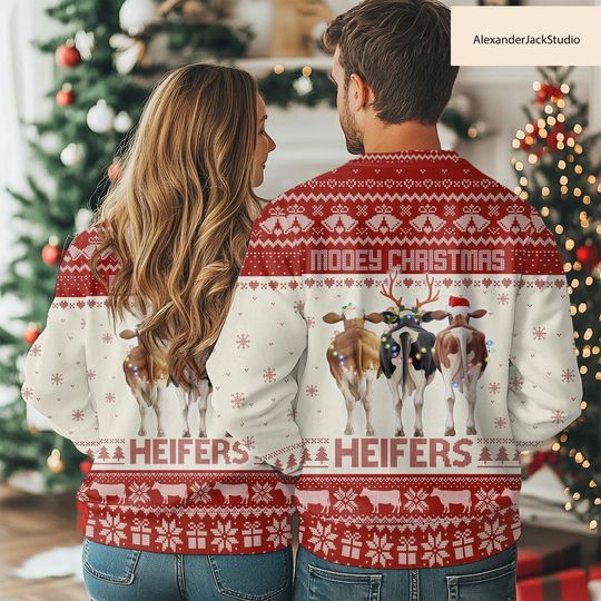 Cow Christmas Ugly Sweater, Funny Heifers Sweater, Farm Animal Holiday Gift for Men Women
