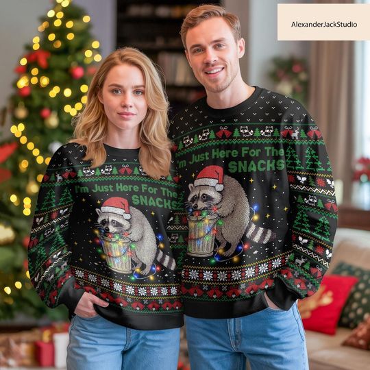 Discover Raccoon Ugly Christmas Sweater, Funny Snack Festive Sweater, Christmas Gift for Friends Family, Holiday Party Sweaters