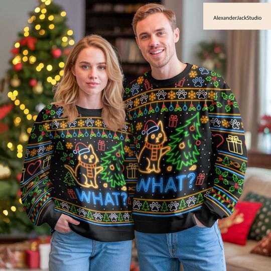 Discover Cat Christmas Ugly Sweater, Funny Neon Cat Sweater, Xmas Holiday Gift Idea, Christmas Gift For Cat Lovers, Ugly Xmas Sweater Gift