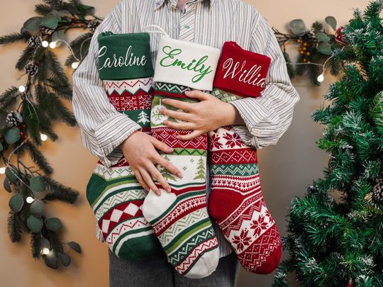 Embroidered Wool Christmas Stocking: Family Holiday Decor