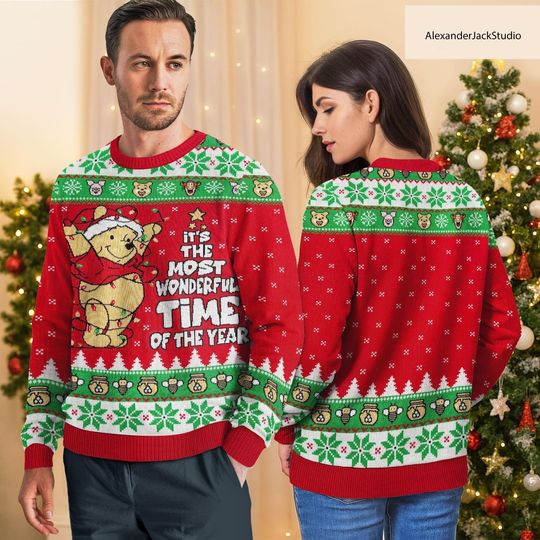 Discover Winnie The Pooh Ugly Christmas Sweater, Holiday Pooh Sweater, Disney Xmas Gift For Men Women, Wonderful Time Gift