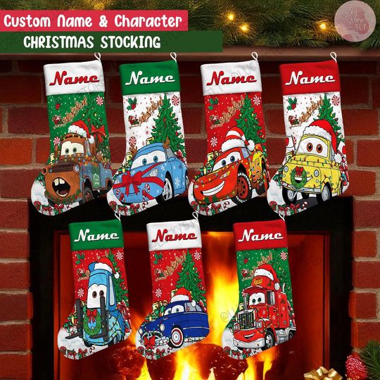 Discover Personalized Disney Pixar cars Christmas Stocking, Disney Family Christmas Gifts, Custom Name Lightning McQueen Tow Mater Christmas Stocking