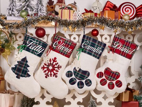 Discover 2025 Christmas Dog Paw Stockings,Personalized Pet Christmas Stockings,Christmas Family Plaid Stockings,Cat Paw Stockings,Christmas Stockings