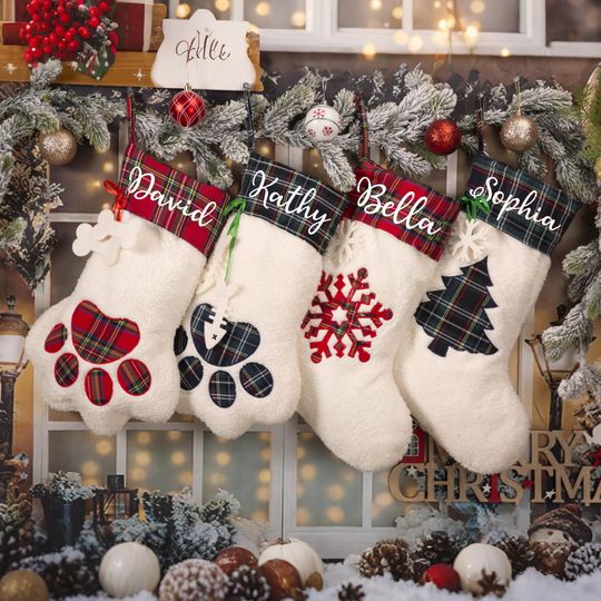 Discover Personalized Paw Christmas Stocking, Pet Stockings, Christmas Candy Decorated Stockings, Custom Dog Stockings with Name, Holiday Xmas Gifts