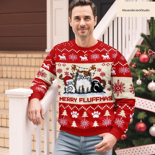 Cat Christmas Sweater, Ugly Feline Holiday Sweatshirt, Xmas Cat Lover Gift, Merry Fluffmas Sweater for Men and Women