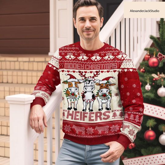 Cow Christmas Sweater, Funny Holiday Farm Animal Sweatshirt for Men and Women