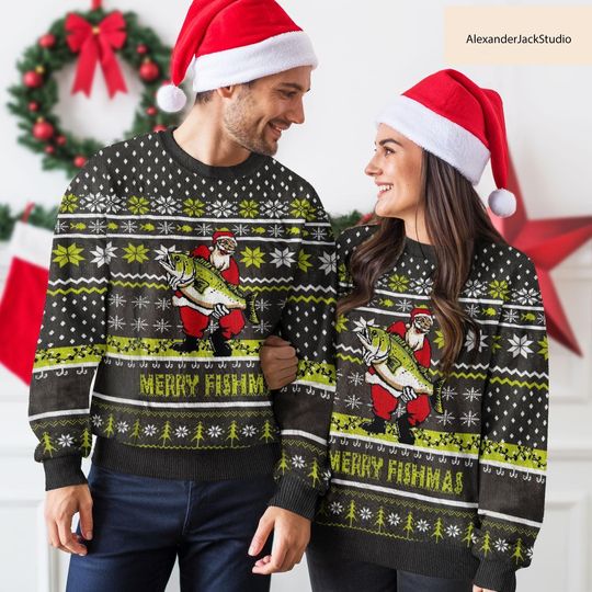 Discover Fishing Ugly Christmas Sweater Merry Fishmas Sweater Fisherman Xmas Gift For Men Women Holiday Gift