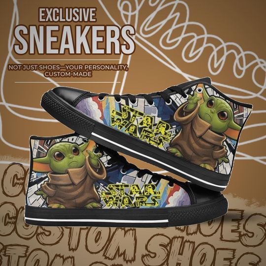 Discover Baby Yoda High Top Shoes Custom Canvas Sneakers Unisex for Kids or Adults