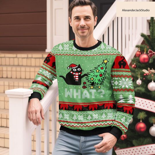 Discover Black Cat Ugly Christmas Sweater Funny Cat Sweater Novelty Xmas Gift for Him Her Holiday Party
