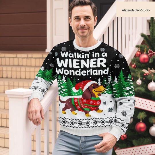 Dachshund Christmas Sweater, Wiener Dog Ugly Holiday Sweater, Funny Xmas Gift for Dog Lovers