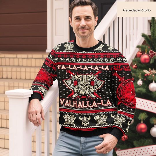 Viking Valhalla Christmas Sweater, Nordic Holiday Ugly Sweatshirt for Men Women