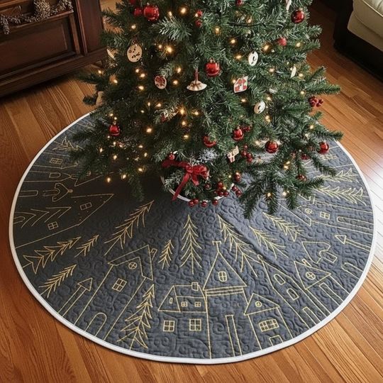 Minimalist Village Skyline Tree Skirt, Gold Outline on Charcoal Grey, Modern Rustic Christmas Decoration, Simple Xmas Home
