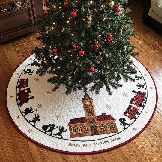 Discover North Pole Station Scene Christmas Tree Skirt, Train and Silhouette Decor, Quilted White and Red Holiday Mat