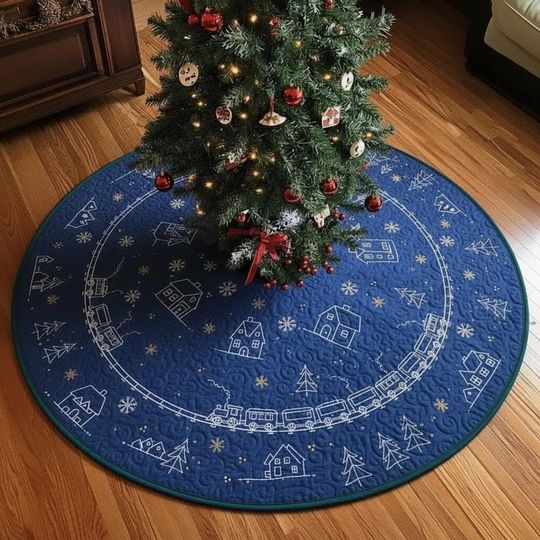 Discover Blue Christmas Tree Skirt with White Train & Village Outline, Quilted Holiday Blueprint Schematic Decor