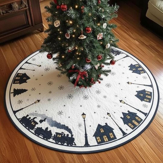 Discover Lamplight Village Silhouette Christmas Tree Skirt, Train and House Outline, White and Navy Holiday Decor Mat