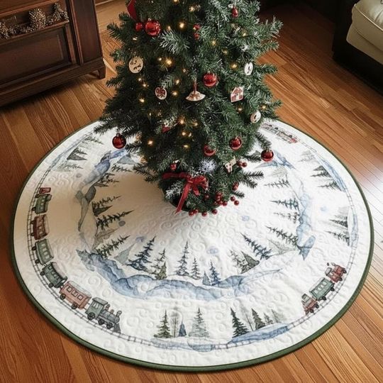 Discover Winter Watercolor Trainscape Christmas Tree Skirt, Blue & Green Scenic Landscape, Quilted Holiday Decor Mat