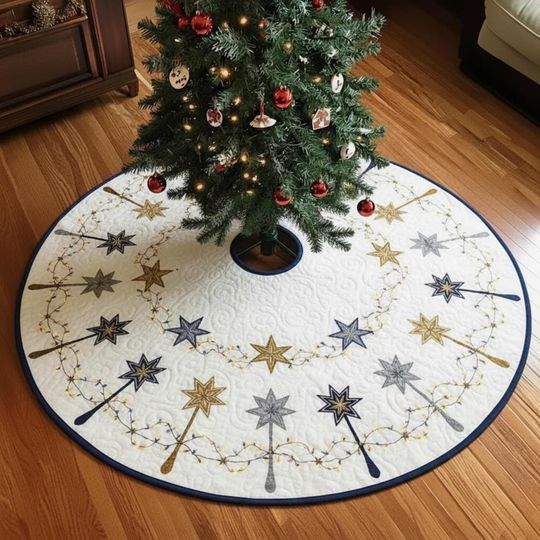 Discover Starry Night Tree Topper Tree Skirt, White Quilted Xmas Decor, Gold & Blue Fairy Light Wreath, Magical Christmas Decoration