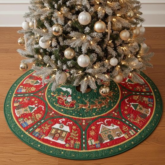Discover Christmas Village Tree Skirt, Green and Red Quilted Holiday Skirt with Santa Sleigh and Houses, Winter Town Festive Decor