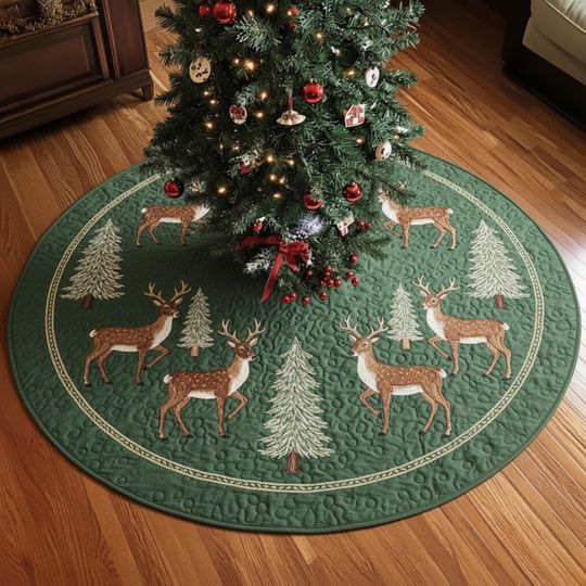 Green Reindeer Christmas Tree Skirt, Quilted Holiday Tree Skirt with Brown Deer and Pine Trees, Cozy Cabin Winter Decor