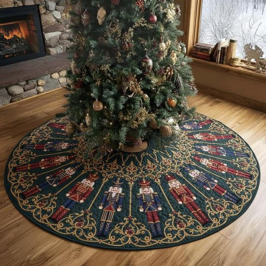 Discover Classic Soldiers Parade Tree Skirt, Deep Green & Gold Nutcracker Xmas Decor, Elegant Holiday Figure Decoration, Quilted