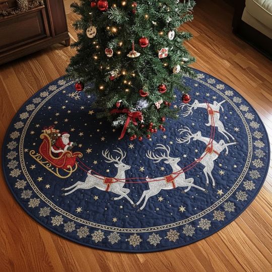 Discover Santa Sleigh Reindeer Christmas Tree Skirt, Blue Quilted Holiday Skirt with Gold Snowflakes, Classic Festive Decor