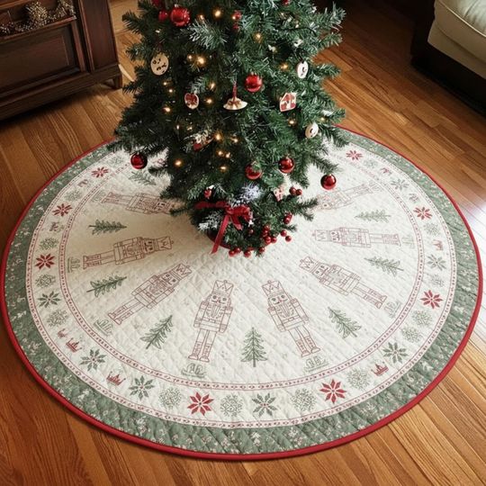 Discover Green and Red Nutcracker Tree Skirt, Quilted Holiday Skirt with Outline Toy Soldiers, Vintage Christmas Home Decor