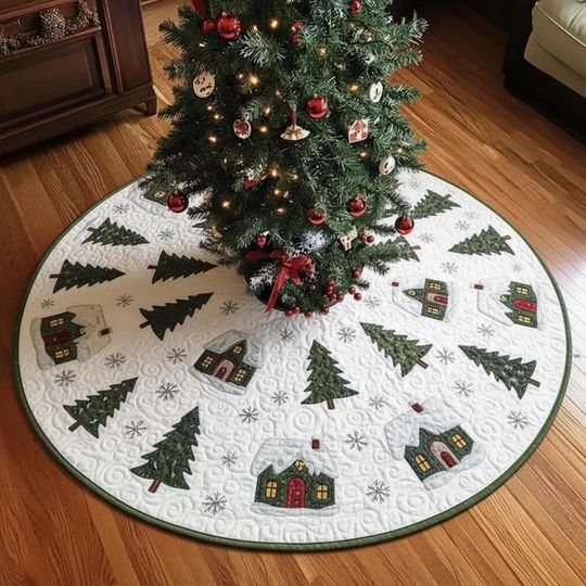 Discover Silver Frosted Hamlet Tree Skirt, Quilted Snow Covered Houses, Simple Green Tree Design, Traditional Winter Xmas Decor