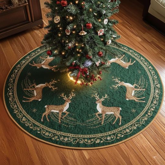 Discover Elegant Green Reindeer Tree Skirt, Quilted Holiday Christmas Skirt with Golden Border, Festive Winter Home Decoration