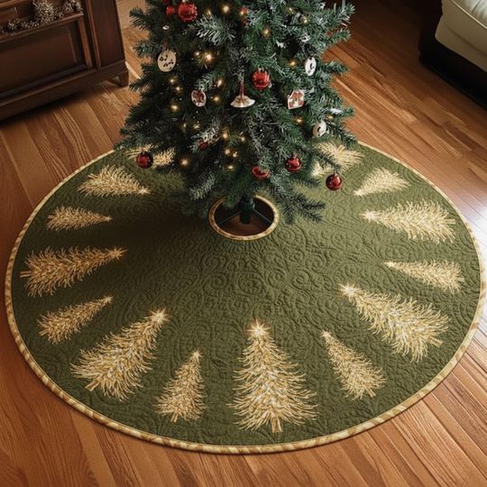 Discover Golden Tree Christmas Tree Skirt, Green Quilted Holiday Skirt with Sparkling Fir Design, Elegant Winter Home Decor