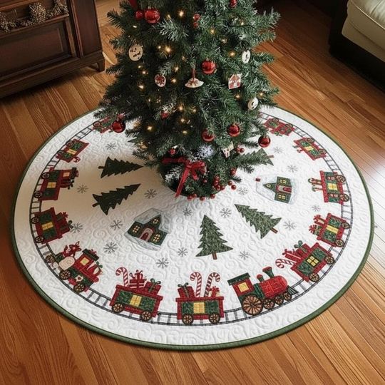 Discover North Pole Express Christmas Tree Skirt, Train Line with Presents, Quilted White Red Green Holiday Decoration