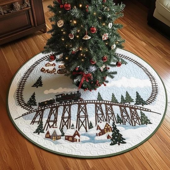Discover Christmas Train Tree Skirt, Trestle Bridge Village Scene, Winter Wonderland Holiday Decor, Snow Covered Town Xmas Mat