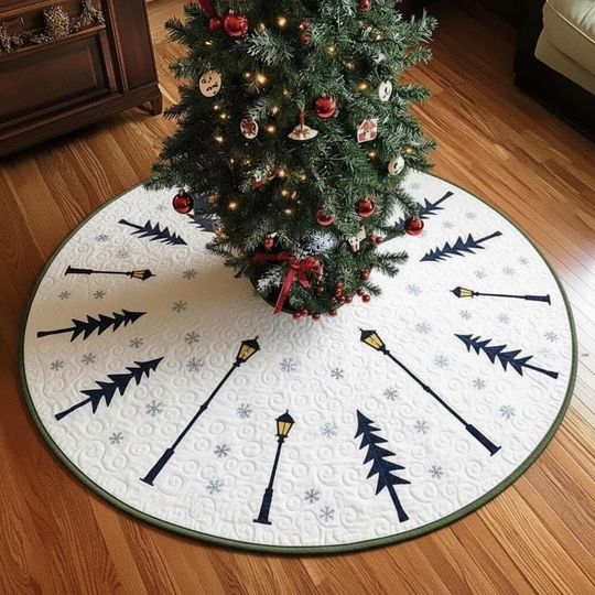 Quilted Lamplight Tree Skirt, Winter Forest Theme Christmas Decor, Rustic Snowy Holiday Tree Mat, White and Navy Blue