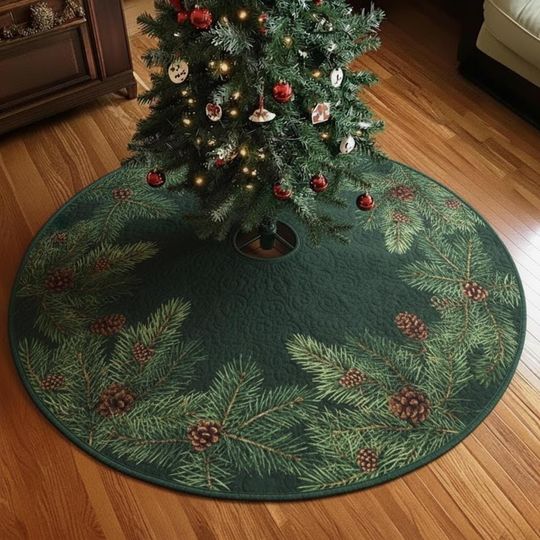 Evergreen Bough & Pinecone Tree Skirt, Deep Green Quilted Xmas Decor, Traditional Rustic Woodland Theme, Large Christmas Decoration