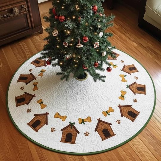 Discover Loyal Pups Paw Print Wreath Tree Skirt, Dog House & Bone Quilted Decor, Pet-Friendly White Xmas Skirt, Unique Family Christmas Gift